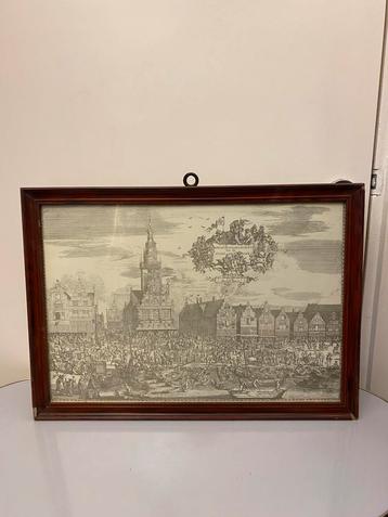 Oude prent Alkmaar in houten lijst ( kaas ) handel. beschikbaar voor biedingen
