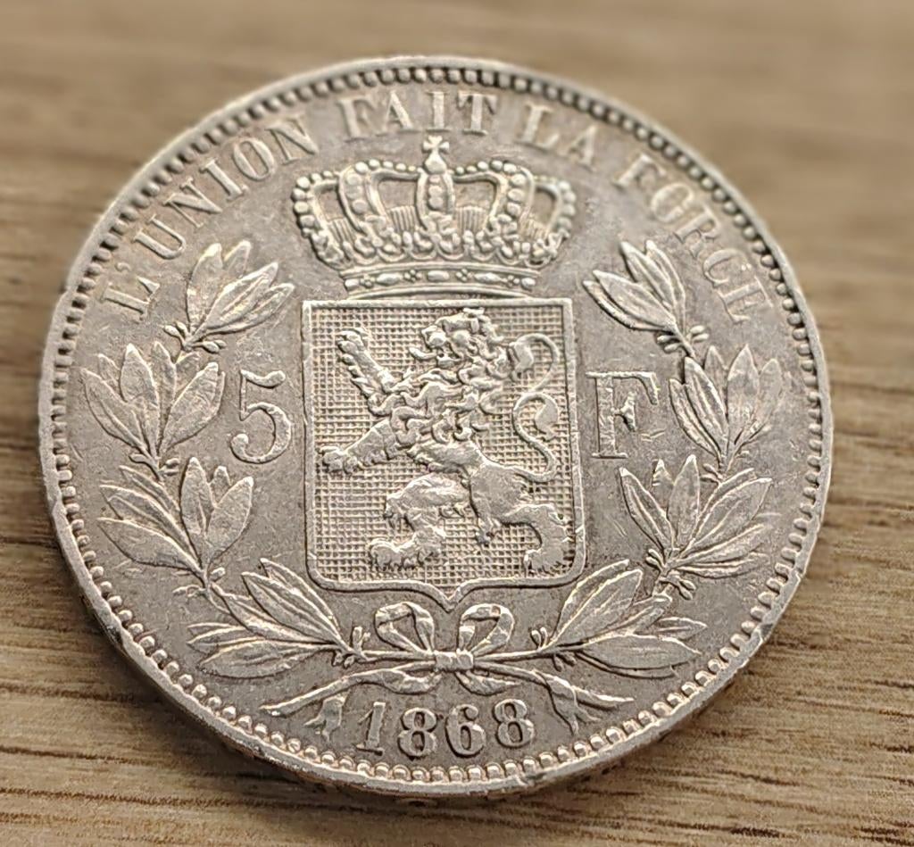 pièce 5 francs belge - Léopold II 1868, Postzegels en Munten, Munten | België, Losse munt, Zilver, Zilver, Ophalen of Verzenden