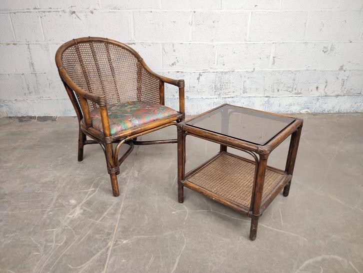 Vintage rotan zeteltje en bijzettafel, Huis en Inrichting, Stoelen, Ophalen