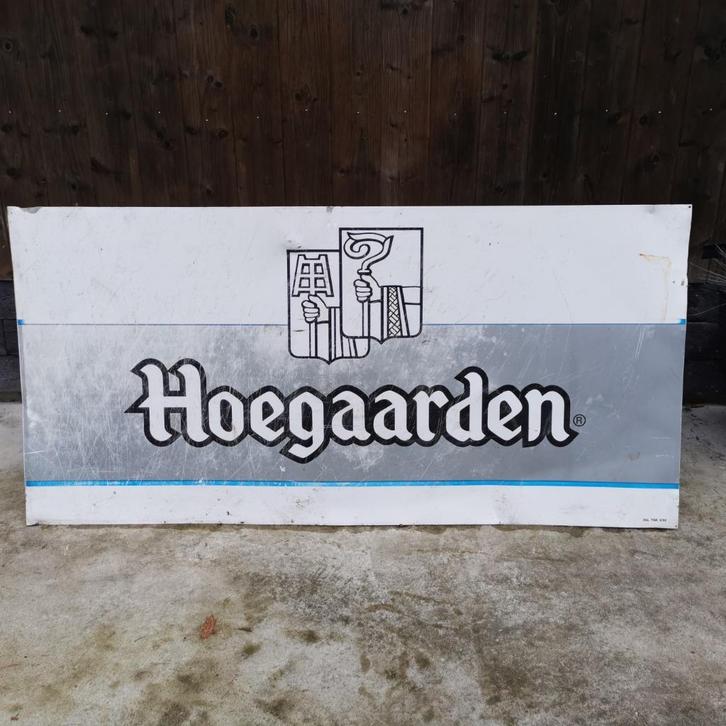 Groot dubbelzijdig bord Hoegaarden L 1.47m H 71cm, Verzamelen, Merken en Reclamevoorwerpen, Gebruikt, Reclamebord, Ophalen