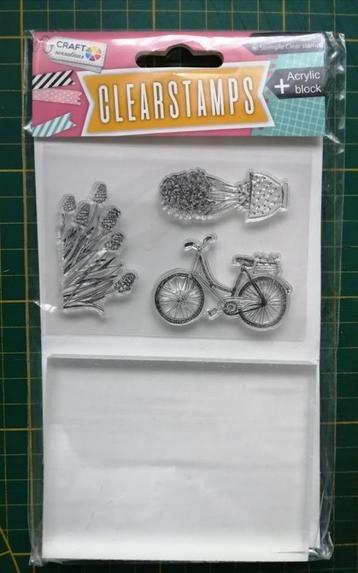 Scrapbooking : tampons transparents "fleurs et vélo" + bloc