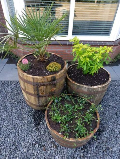 Eikenhouten bloembakken - tuindecoratie - vaten, Tuin en Terras, Bloembakken en Plantenbakken, Zo goed als nieuw, Hout, Binnen