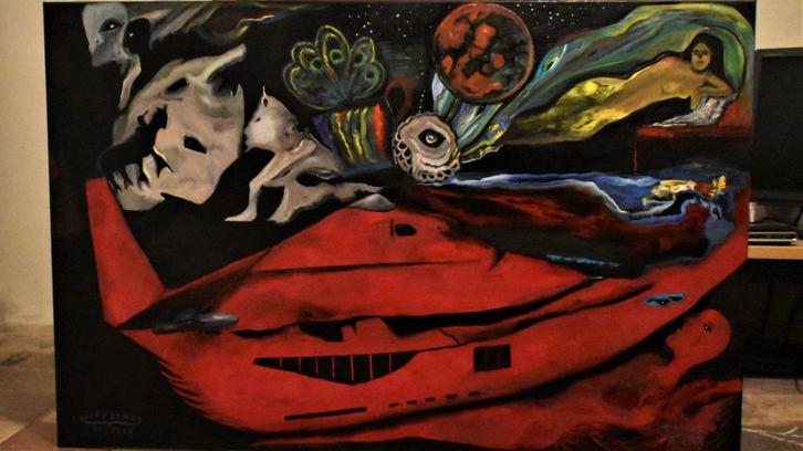 Abstract schilderij Planet X, van Joky Kamo, Antiek en Kunst, Kunst | Schilderijen | Modern, Ophalen