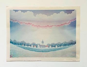 I. RABUZIN: Art Print ' Naïef Landschap ' 70s Vintage  Prent