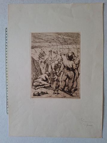 Mooie ets Eugène Laermans "Les foins" (hooioppers) uit 1891 beschikbaar voor biedingen