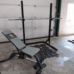 Squat rack + bankje + 120 kilo Olympische Gewichten set, Sport en Fitness, Fitnessmaterialen, Ophalen, Zo goed als nieuw