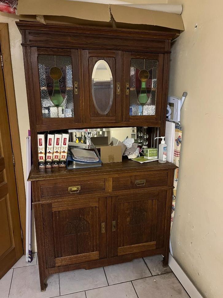 Dressoir met spiegel en gekleurde ramen, Huis en Inrichting, Kasten | Buffetkasten, Gebruikt, 200 cm of meer, 100 tot 150 cm, 25 tot 50 cm