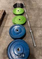 130kg Gekleurde Bumperplates + Olympische Barbell 220cm, Sport en Fitness, Ophalen, Gebruikt, Halterschijven