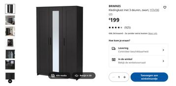 Zwarte 3deurs- Kleerkast met spiegel (ikea Brimnes) beschikbaar voor biedingen