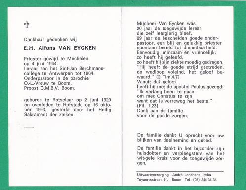 DP Priester Alfons Van Eycken, Verzamelen, Bidprentjes en Rouwkaarten, Bidprentje, Verzenden