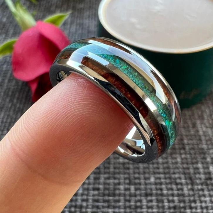 Trouwringen wolfraam - Finn - Zilver, hout en groen opaal, Handtassen en Accessoires, Ringen, Nieuw, Dame of Heer, Overige kleuren