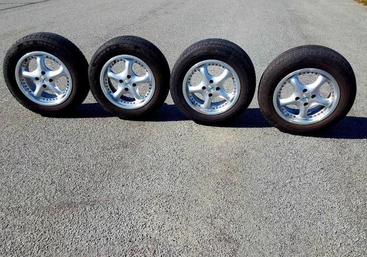 4 jantes alu avec pneus hiver pour Opel et Fiat, Auto-onderdelen, Banden en Velgen, Velg(en), Winterbanden, 15 inch, 195 mm, Gebruikt