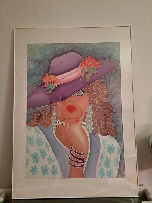 Handgeschilderd vrouw met hoed, Antiek en Kunst, Kunst | Litho's en Zeefdrukken, Ophalen