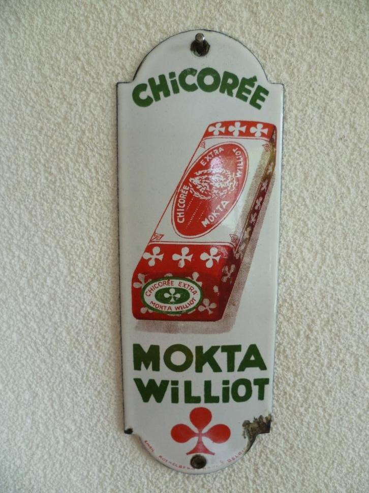 EMAILLE DEURPOSTJE"CHICOREE MOKTA WILLIOT"UIT JAREN 30, Verzamelen, Merken en Reclamevoorwerpen, Gebruikt, Reclamebord, Verzenden