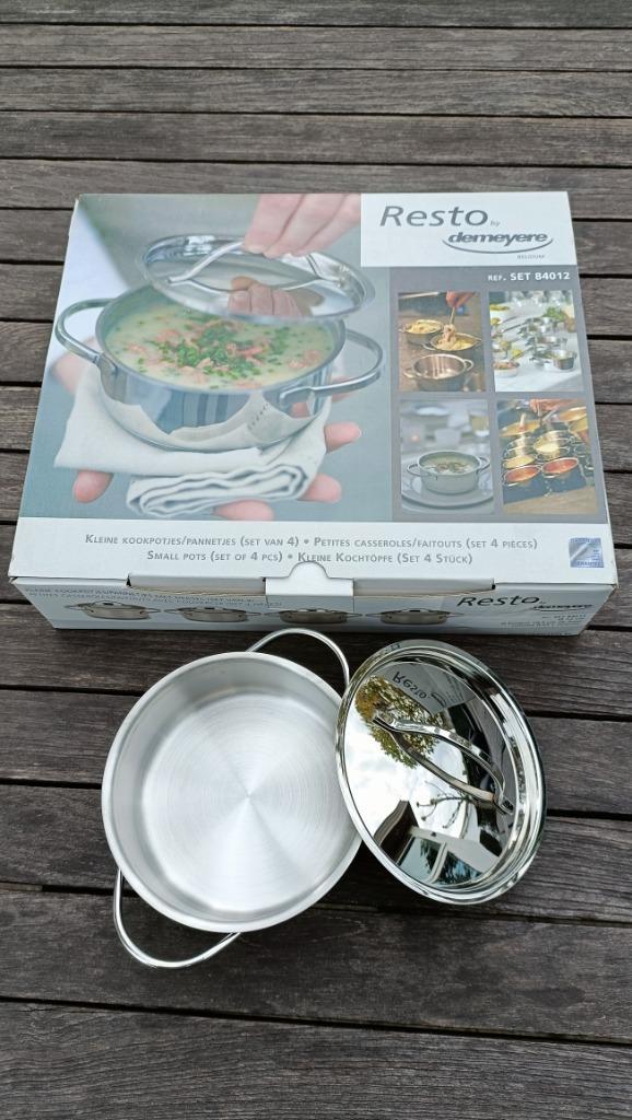 Demeyere Resto kleine kookpotjes, Huis en Inrichting, Keuken | Potten en Pannen, Zo goed als nieuw, Overige typen, Inox, Inductieplaat