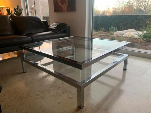 Maison Jansen / Belgo Chrom stijl Display Salontafel, Huis en Inrichting, Tafels | Sidetables, Zo goed als nieuw, Vierkant, Glas