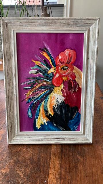 Peinture à l'huile encadrée. Beau coq 