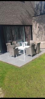 6 tuin stoelen + kussens +  tafel + parasol + voet, Ophalen, Zo goed als nieuw