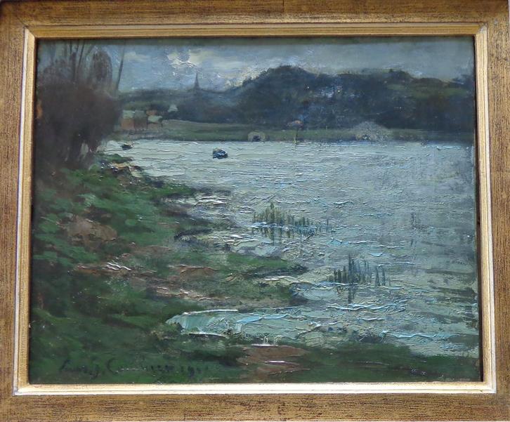 LOUIS-GUSTAVE CAMBIER / RIVIERZICHT / OLIEVERF DOEK 44x52cm, Antiek en Kunst, Kunst | Schilderijen | Klassiek, Ophalen of Verzenden