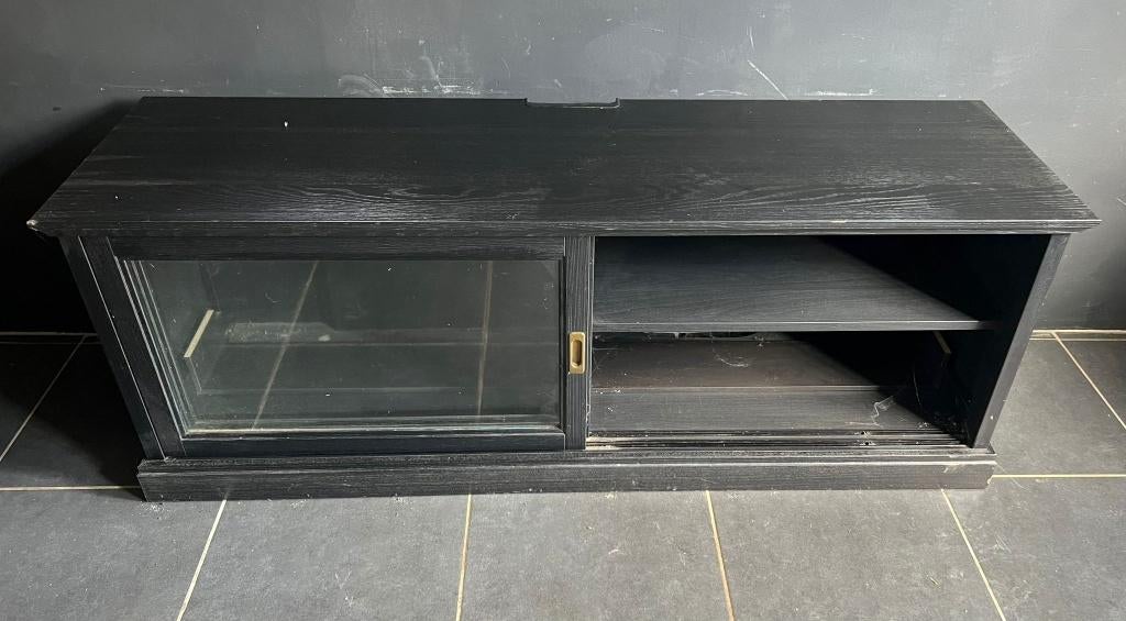 Kwalitatieve zwarte tv-kast met glazen schuifdeuren, Ophalen, Gebruikt, Overige materialen