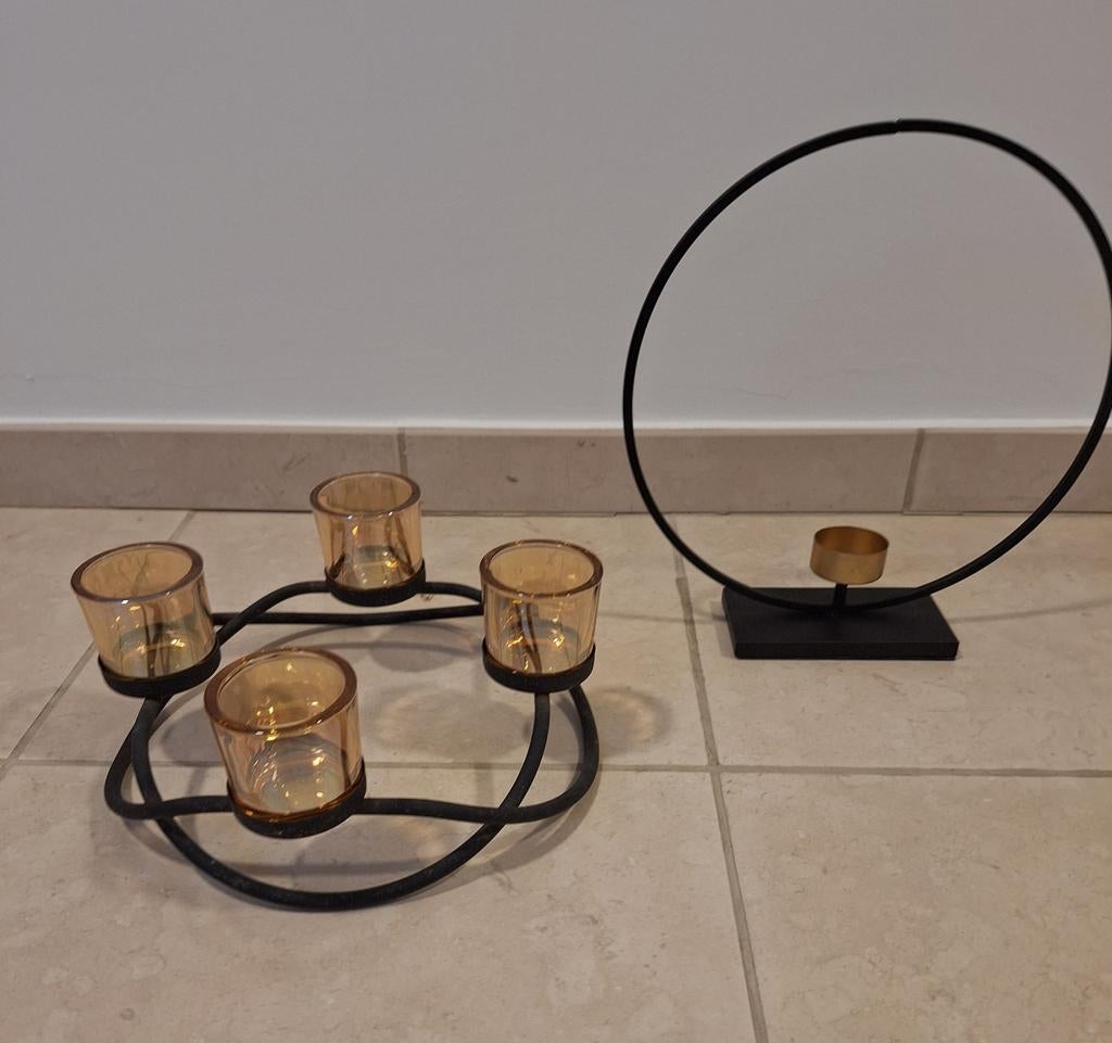 Glazen theelichthouder met 4 glaasjes in het oranje, Ophalen, Zo goed als nieuw, Kandelaar