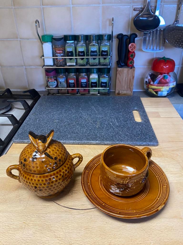 Zeldzame oude Meli honingpot met kop en schotel, Antiek en Kunst, Ophalen of Verzenden