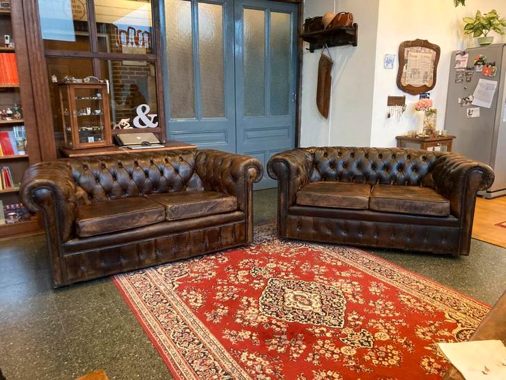 Set antieke Engelse Chesterfield zetels, Antiek en Kunst, Antiek | Meubels | Stoelen en Sofa's, Ophalen