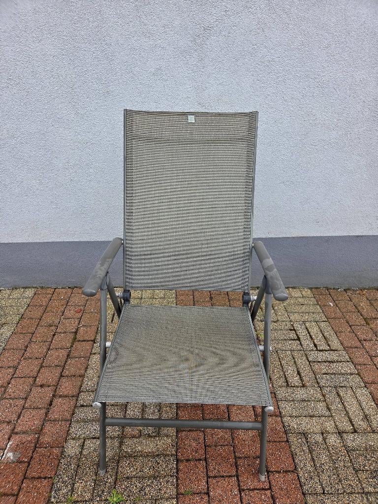 4 Fauteuils pliants anthracite avec accoudoirs + coussin, Enlèvement, Comme neuf, Aluminium, Ajustable