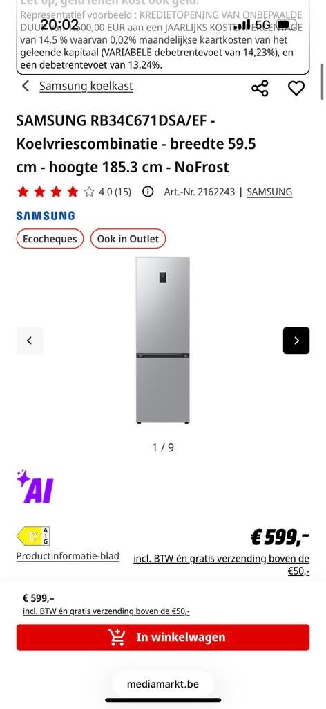 Koelkast Samsung, Ophalen, Nieuw, Met vriesvak