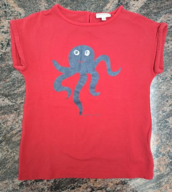 Mt 140 Rode T-shirt glinsterende inktvis wiebeloogjes, Kinderen en Baby's, Kinderkleding | Maat 140, Zo goed als nieuw, Meisje