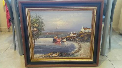 Olieschilderij van schepen in baai, klassiek landschap, Antiek en Kunst, Kunst | Schilderijen | Klassiek, Ophalen