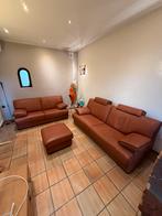 Woonkamer van echt leer — 2 banken + voetenbank, Huis en Inrichting, Ophalen, Zo goed als nieuw, Leer