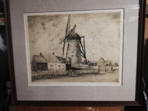 * R Malfliet ; gravure : ancien moulin à vent d'Ertvelde, Antiquités & Art, Art | Eaux-fortes & Gravures, Enlèvement ou Envoi