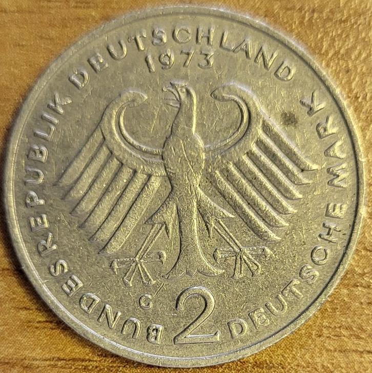 ALLEMAGNE 2 mark 1973 G KARLSRUHE Konrad Adenauer KM#124 TTB, Postzegels en Munten, Munten | Europa | Niet-Euromunten, Losse munt