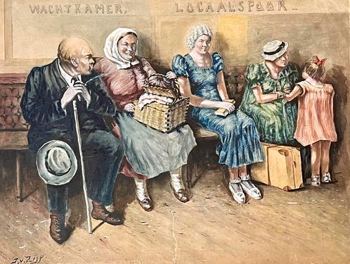 J.V. Zijp - Aquarel - 60 x 45 cm - Wachtkamer Station - 1930, Antiek en Kunst, Kunst | Schilderijen | Modern, Ophalen of Verzenden