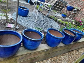 5 pots provencaux bleus en poterie émaillée o