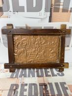 Antiek 1920-1930 ingelijst koperen reliëf kunst boerderij, Ophalen of Verzenden