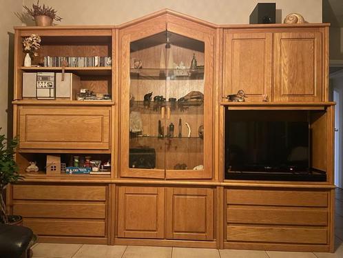 Eiken wandmeubel living, Huis en Inrichting, Kasten | Buffetkasten, Zo goed als nieuw, 200 cm of meer, Met lade(s), Met deur(en)