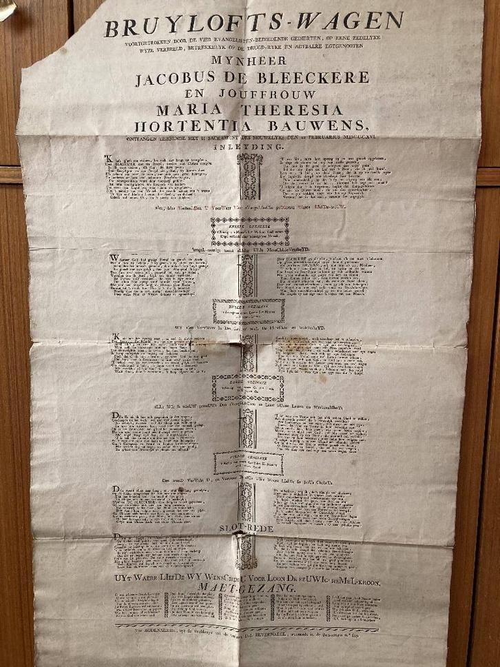 Drukwerk t.g.v. bruiloft familie De Bleeckere-Bauwens 1816, Antiquités & Art, Antiquités | Livres & Manuscrits, Enlèvement