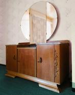 Unieke vintage kaptafel met tulpmotief spiegel & marmer blad, Huis en Inrichting, Ophalen, Gebruikt, 100 tot 150 cm, Vintage, retro, art deco geïnspireerd, houtsnedes