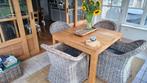 teakhouten eettafel en 4 rotan stoelen en sisal mat, Huis en Inrichting, Ophalen, Gebruikt