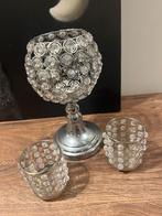 Zilverkleurige kandelaar + 2 theelichthouders, Ophalen, Zo goed als nieuw