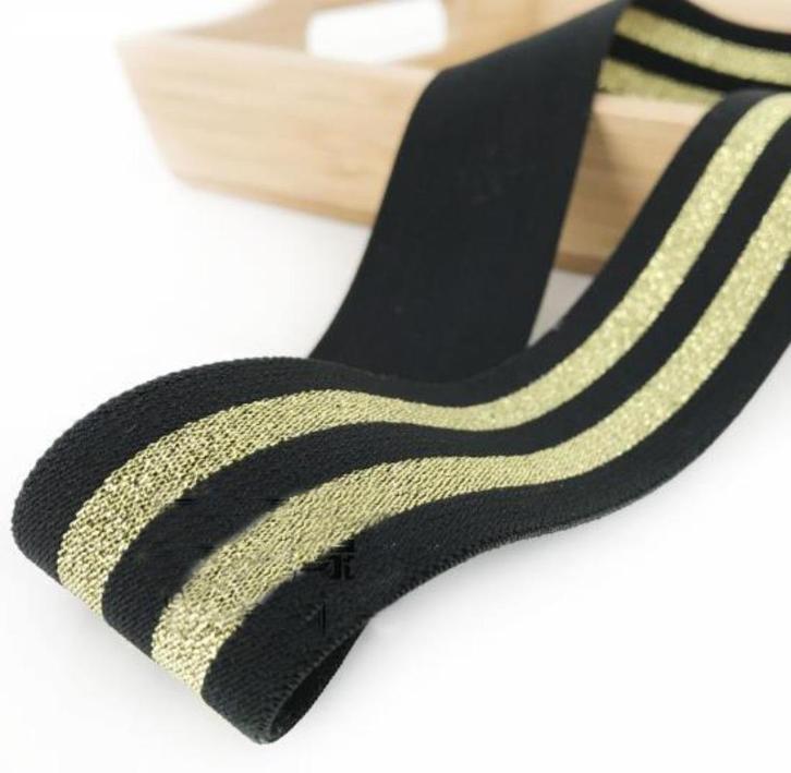 519) Élastique souple large 4cm noir avec rayures doré, Hobby & Loisirs créatifs, Couture & Fournitures, Neuf, Ruban, Bande ou Élastique