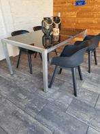 glazen tuintafel met aluminium frame en  stoelen, Ophalen, Gebruikt, Aluminium