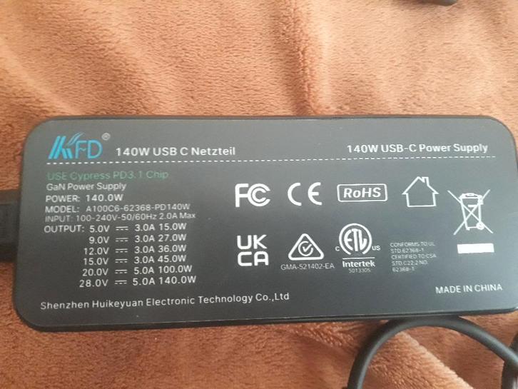 Chargeur USB C DP 3.1 140 W KFD, Informatique & Logiciels, Chargeurs d'ordinateur portable, Neuf, Enlèvement