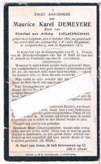 Soldaat. Demeyere Maurice. ° Iseghem 1901 † Leopolsburg 1923, Ophalen of Verzenden, Bidprentje