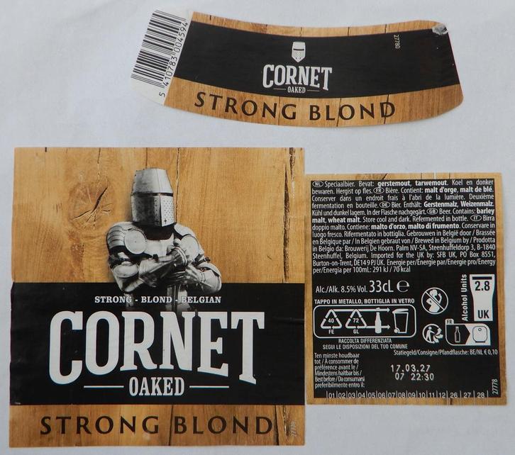 Bieretiket Cornet oaked strong blond Br. De Hoorn Palm 11w6, Verzamelen, Biermerken, Gebruikt, Palm, Verzenden