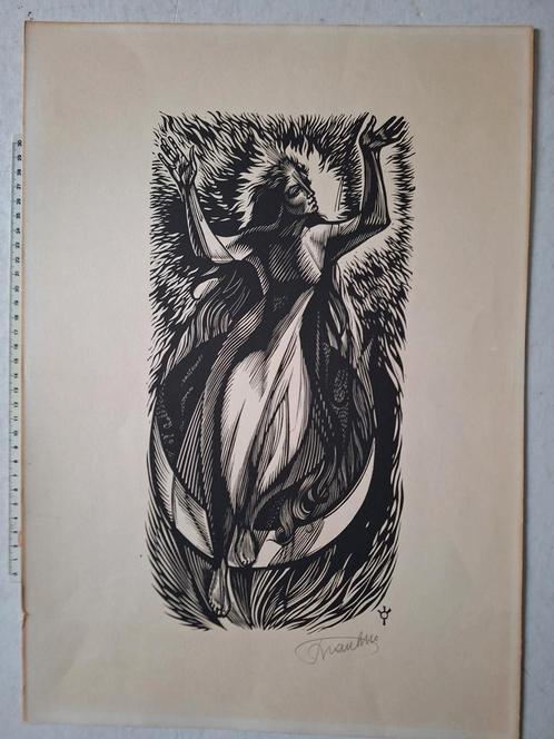 Houtsnede Frank-Ivo Van Damme "Vrouw met opengesperde armen, Antiek en Kunst, Kunst | Etsen en Gravures, Ophalen of Verzenden
