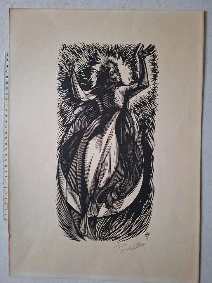Houtsnede Frank-Ivo Van Damme "Vrouw met opengesperde armen, Antiek en Kunst, Kunst | Etsen en Gravures, Ophalen of Verzenden