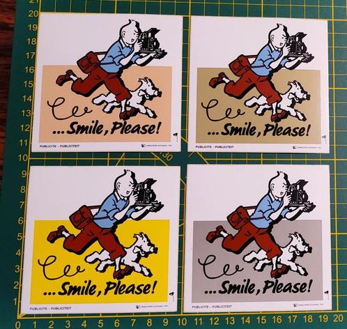 Lot 4x stickers Kuifje Bobbie '...Smile, Please!' 1992 Hergé, Collections, Autocollants, Neuf, Enlèvement ou Envoi